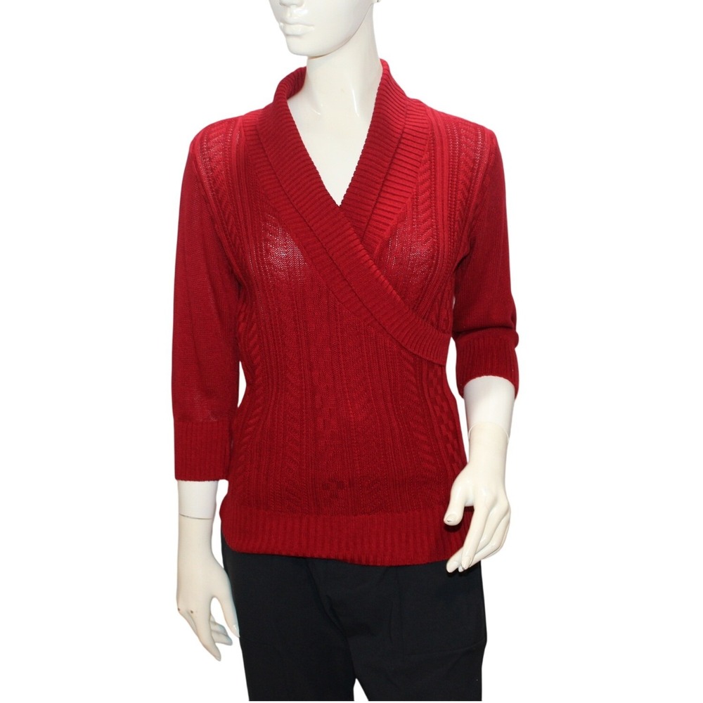 I.N. San Francisco Red Stretch Knit Sweater Women's L V-Neck‎ Collar